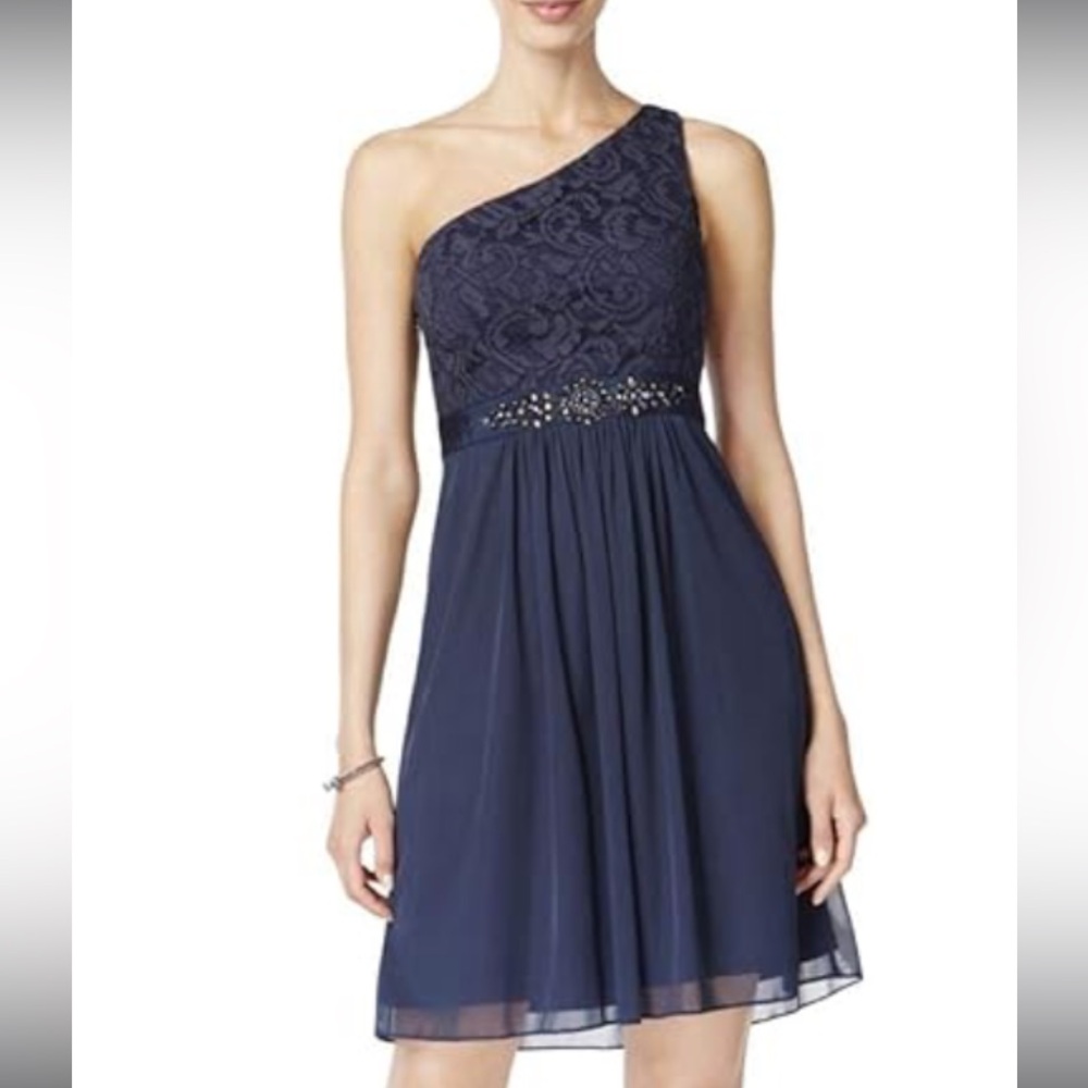 Adrianna Papell One shoulder Navy cocktail dress with waist detail